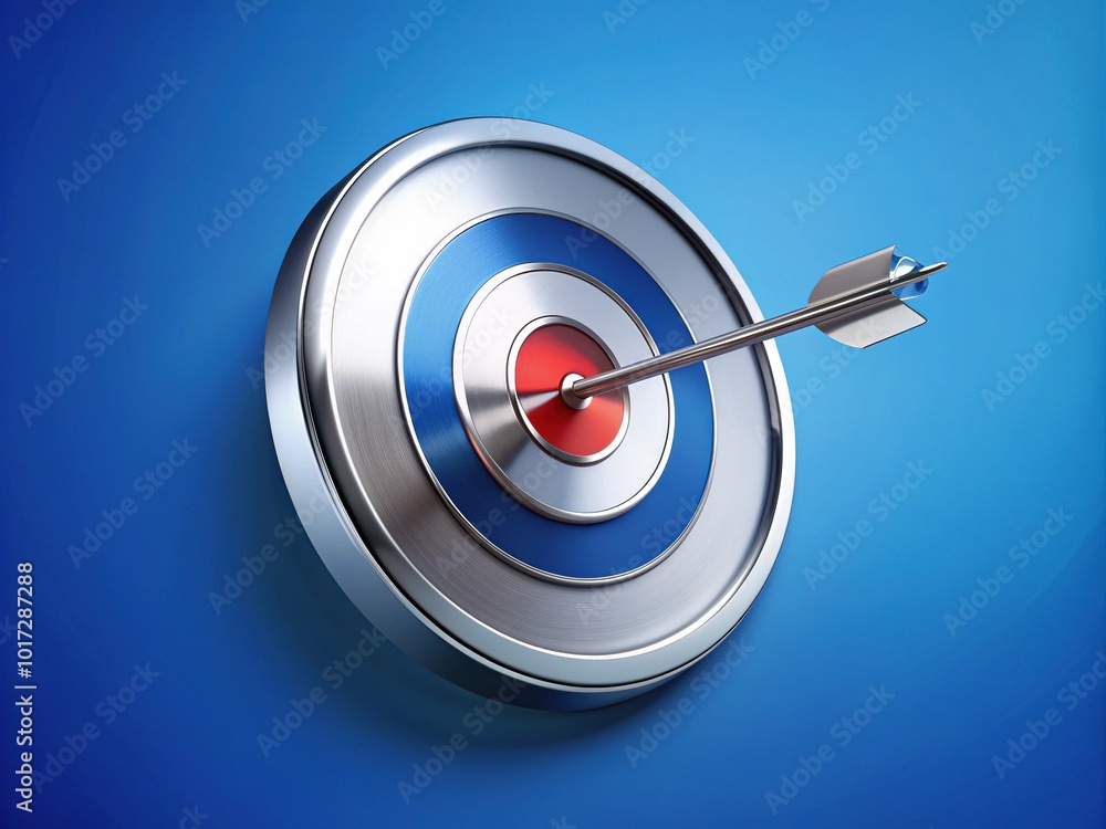 A sleek, silver arrow inserted into a small, round target badge, symbolizing accuracy, precision, and goal achievement on a bright, gradient blue background. A sleek, silver arrow inserted into a small, round target badge, symbolizing accuracy, precision, and goal achievement on a bright, gradient blue background.