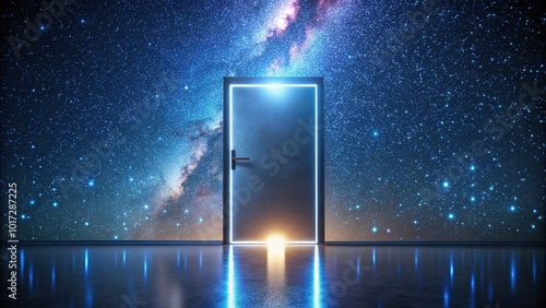 A sleek, metallic door with a neon glow, set against a starry night sky, symbolizing access to a bright and promising future ahead. photo