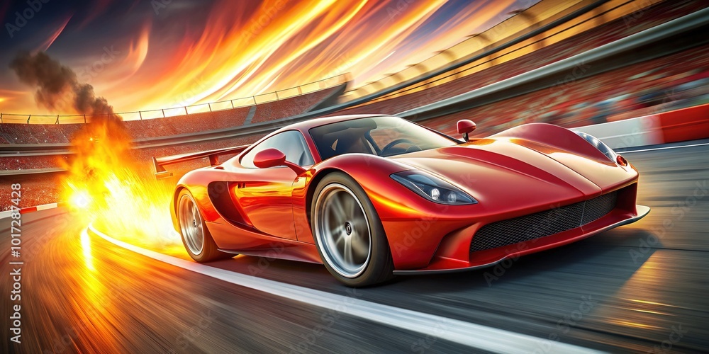 A small, sleek, red race car with flame decals speeding around a curved track, leaving a trail of blurred motion and burning rubber behind. A small, sleek, red race car with flame decals speeding around a curved track, leaving a trail of blurred motion and burning rubber behind.