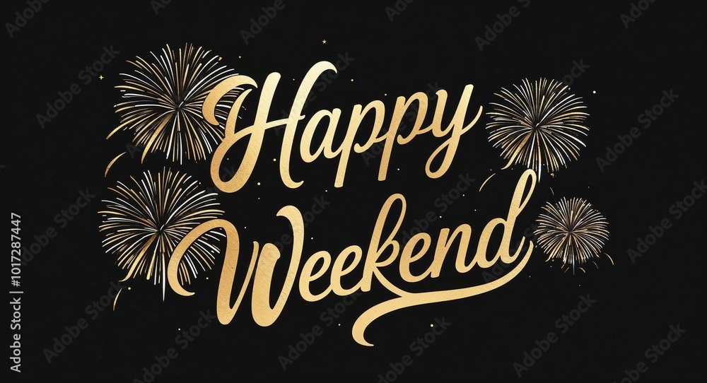 happy weekend calligraphic gold lettering with fireworks on plain black background happy weekend calligraphic gold lettering with fireworks on plain black background