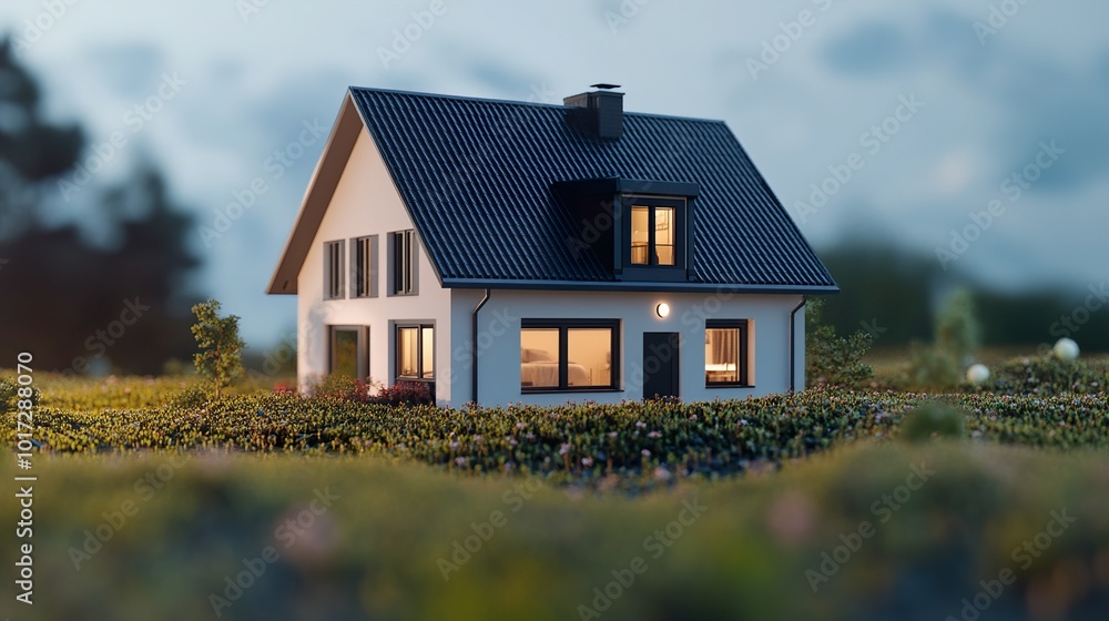 Modern House with Warm Lights at Dusk Modern House with Warm Lights at Dusk