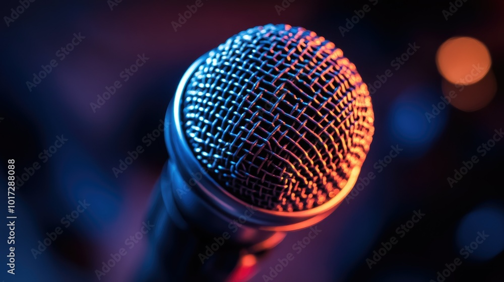 Detailed shot of a microphone with warm lighting focused on the mesh grille, casting subtle shadows on the surface. Detailed shot of a microphone with warm lighting focused on the mesh grille, casting subtle shadows on the surface.