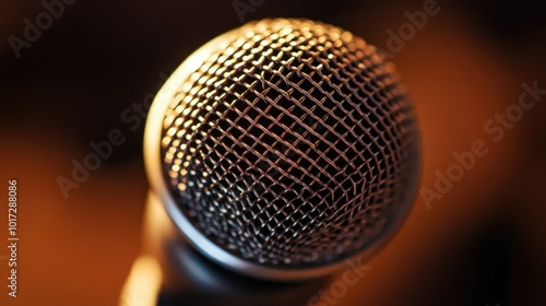 Detailed shot of a microphone with warm lighting focused on the mesh grille, casting subtle shadows on the surface.