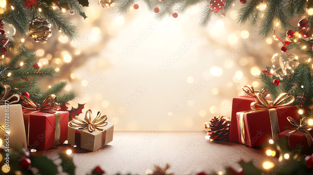 A festive composition featuring decorated Christmas gifts and sparkling lights, perfect for holiday celebrations and marketing. A festive composition featuring decorated Christmas gifts and sparkling lights, perfect for holiday celebrations and marketing.