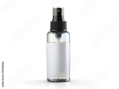 A transparent plastic spray bottle with a blank white label and black cap, isolated on a white background, ready for product branding.