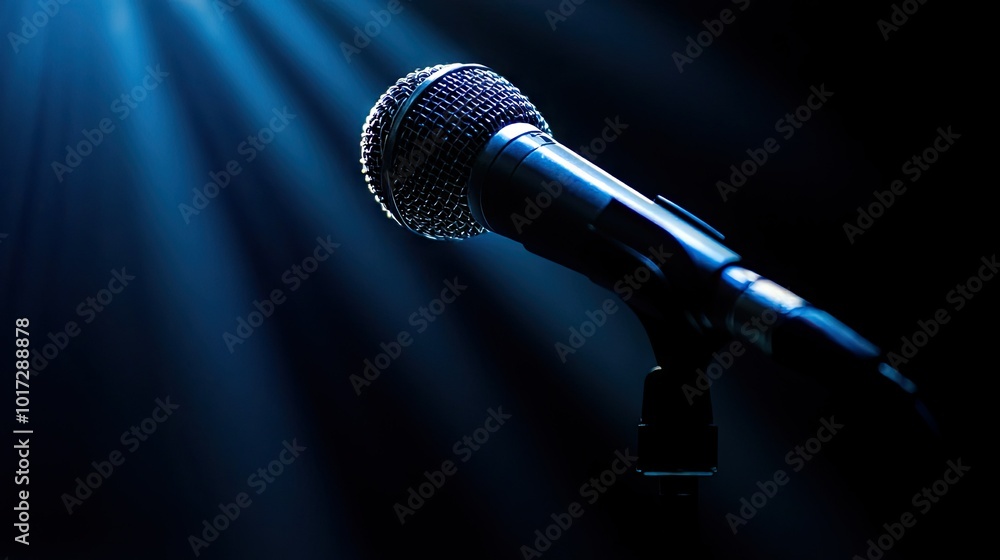 Obraz premium Microphone under cool stage lighting, the light reflecting off its chrome finish, with the background in deep shadows.