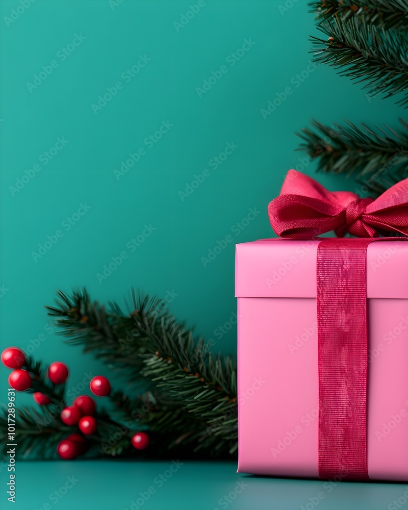 Festive pink gift box beside Christmas tree branches Festive pink gift box beside Christmas tree branches