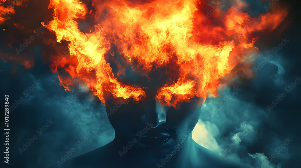 A surreal image of a person with flames for hair, symbolizing intensity. A surreal image of a person with flames for hair, symbolizing intensity.