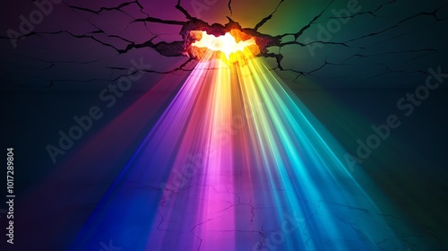 Vibrant beams of rainbow light shine through a cracked surface, creating a dramatic and colorful visual effect in dark surroundings.