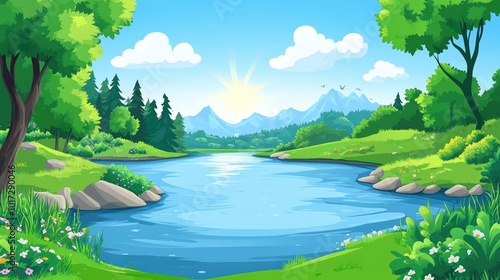 Serene River Winding Through Lush Green Forest and Mountain Range