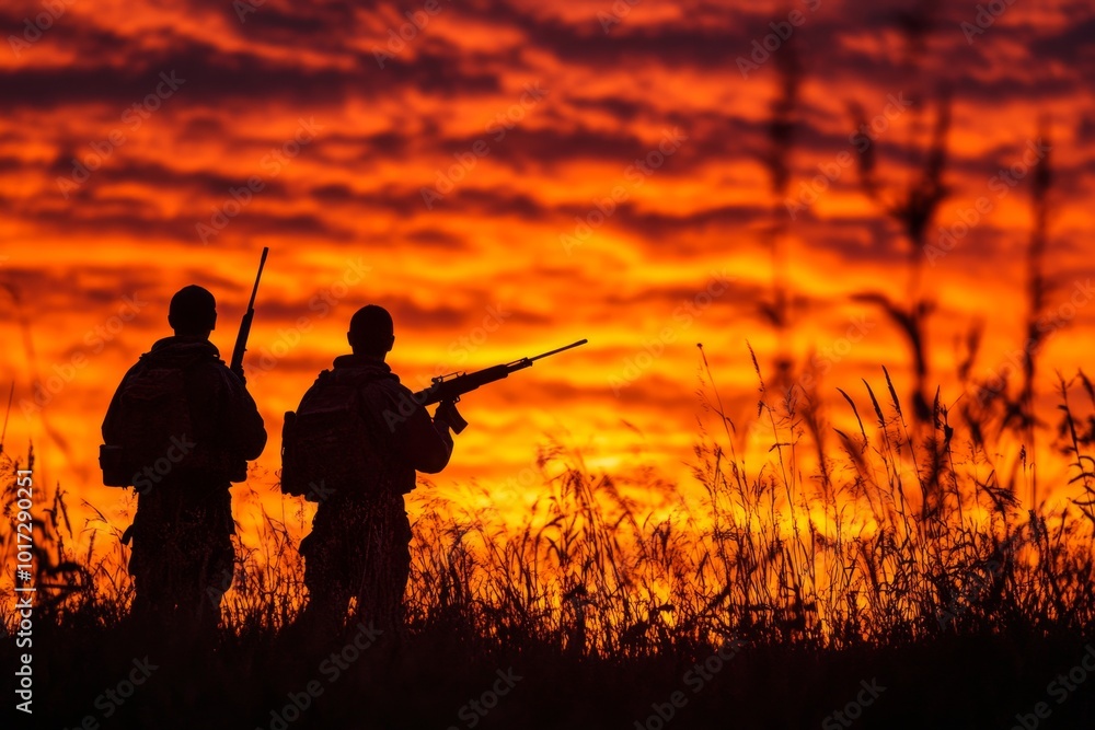 Silhouette of Two Hunters with Rifles at Sunset Silhouette of Two Hunters with Rifles at Sunset