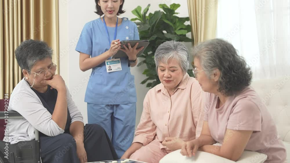 elderly women enjoy a board game together, fostering social interaction and mental stimulation. A healthcare worker stands nearby, ensuring a supportive and healthy environment for senior care. elderly women enjoy a board game together, fostering social interaction and mental stimulation. A healthcare worker stands nearby, ensuring a supportive and healthy environment for senior care.