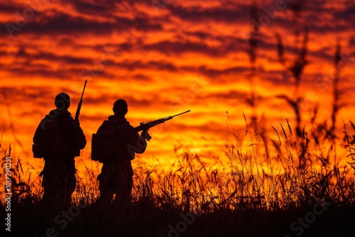 Silhouette of Two Hunters with Rifles at Sunset