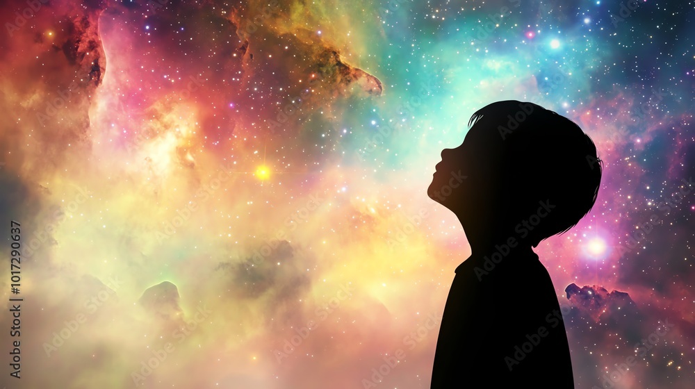 Silhouette of a child gazing into a colorful galaxy, capturing the wonder of space exploration and the infinite beauty of the universe. Silhouette of a child gazing into a colorful galaxy, capturing the wonder of space exploration and the infinite beauty of the universe.