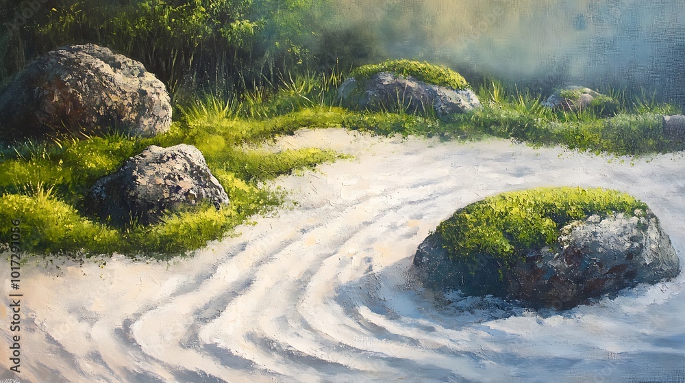 Zen Garden with Curved Lines in White Sand, Stones, and Green Moss. Zen Garden with Curved Lines in White Sand, Stones, and Green Moss.