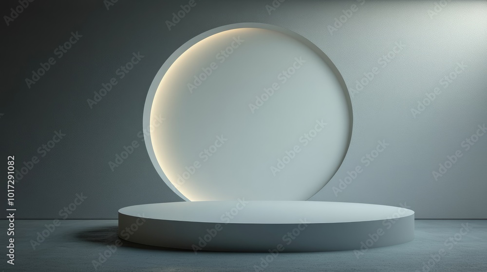 Minimalist White Platform and Circular Wall Recess with Subtle Lighting Minimalist White Platform and Circular Wall Recess with Subtle Lighting