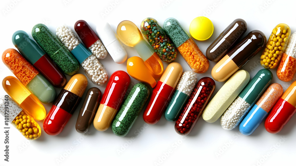 A variety of colorful capsules and pills arranged artistically. A variety of colorful capsules and pills arranged artistically.