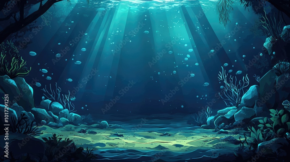 Underwater Scene with Sunbeams, Rocks, and Seaweed