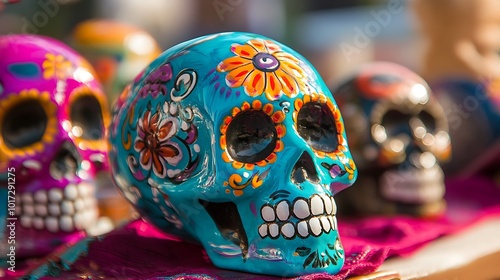 Closeup of a Colorful Sugar Skull Decoration.