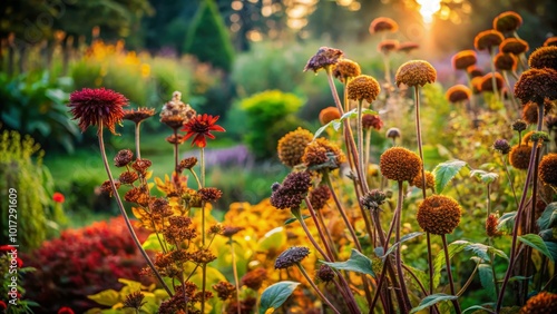 Within the overgrown garden, faded blooms droop mournfully, suffocated by rampant weeds. Nature's battle rages photo