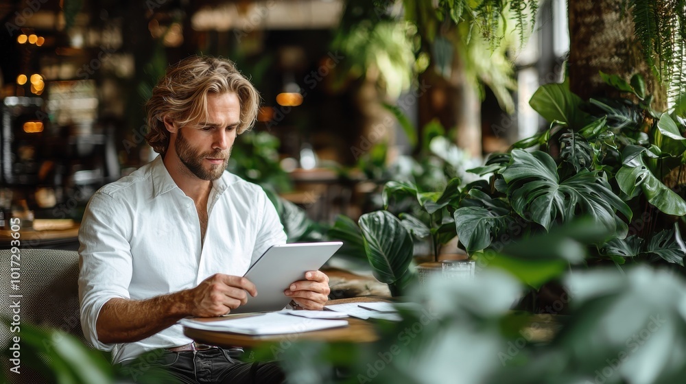 A focused man in a white shirt uses a tablet while working in a cozy cafe filled with lush green plants, creating a serene and productive atmosphere. A focused man in a white shirt uses a tablet while working in a cozy cafe filled with lush green plants, creating a serene and productive atmosphere.