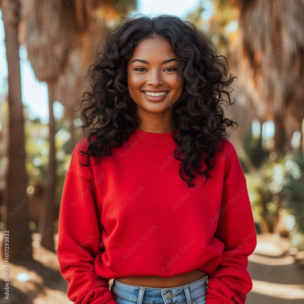 Brown Woman Wearing Red Colored Crewneck Sweatshirt, Tropical Palm Lined Street, Sweatshirt Mockup Image Brown Woman Wearing Red Colored Crewneck Sweatshirt, Tropical Palm Lined Street, Sweatshirt Mockup Image