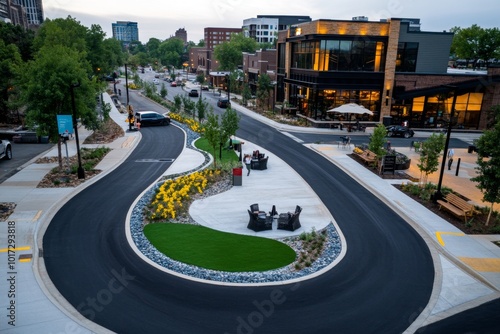 Realistic image of a newly developed urban district with wide sidewalks, green spaces, and public seating areas, symbolizing the importance of walkability in urban planning