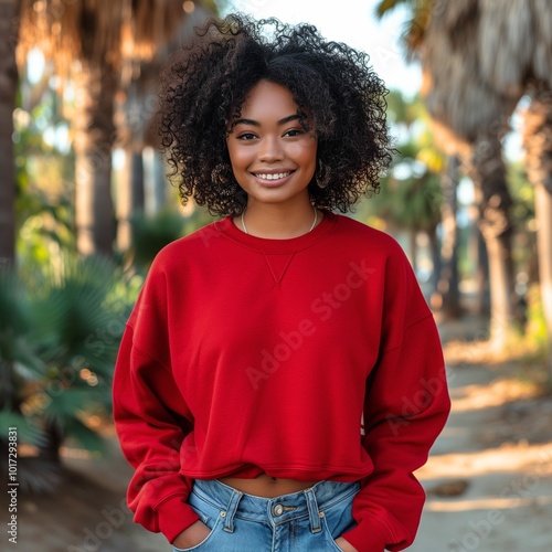 Black Woman Wearing RedColored Crewneck Sweatshirt, Tropical Palm Lined Street, Sweatshirt Mockup Image photo