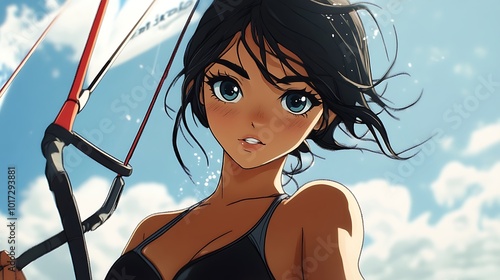 Anime Girl Kitesurfing in the Wind.