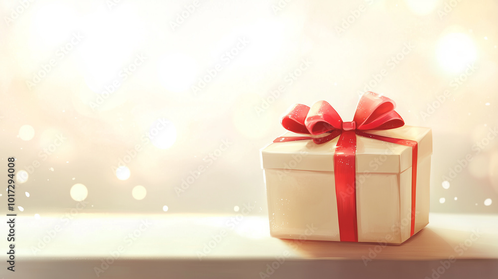 Gift box wrapped with red ribbon under soft festive lighting. Image made using Generative AI Gift box wrapped with red ribbon under soft festive lighting. Image made using Generative AI