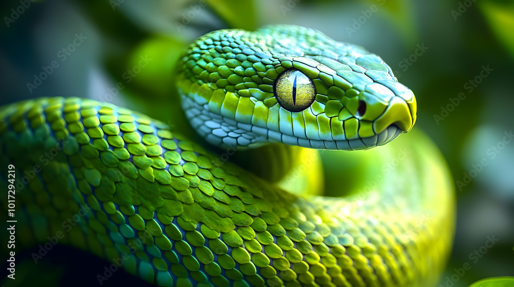 Fototapeta premium A vibrant green snake coiled among lush foliage.