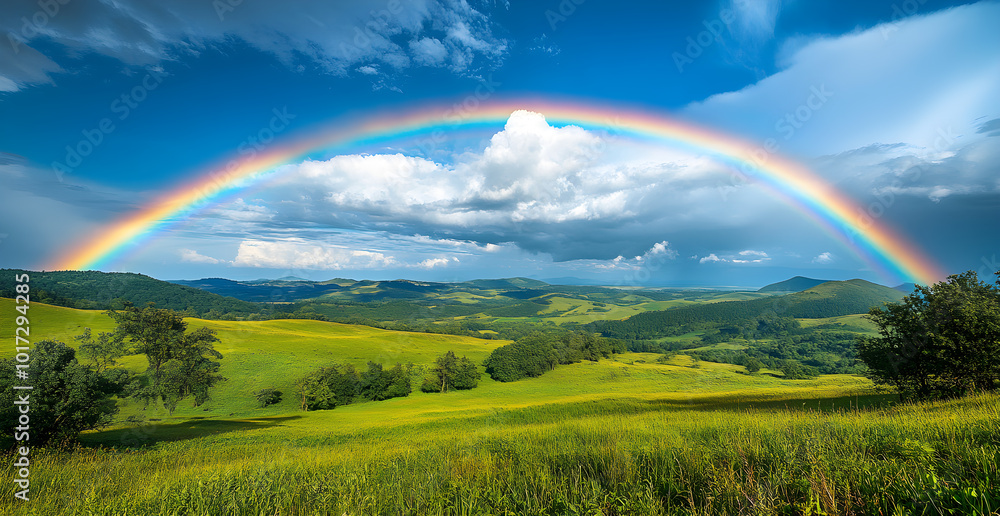A rainbow is seen in the sky above a field of grass A rainbow is seen in the sky above a field of grass