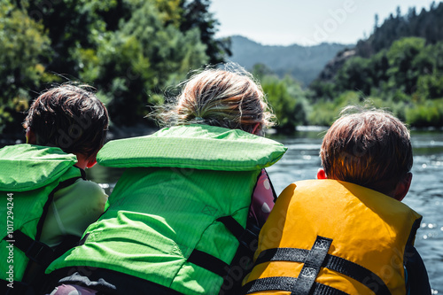 Selective focus on three children peering over a raft going down the wild and scenic Rogue River  photo