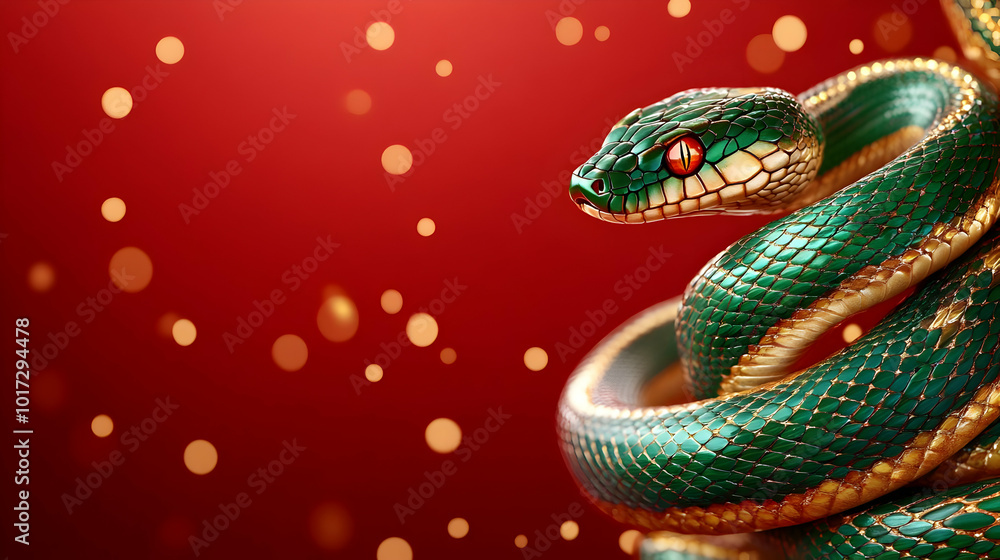 A vibrant green snake with striking red eyes against a festive background. A vibrant green snake with striking red eyes against a festive background.