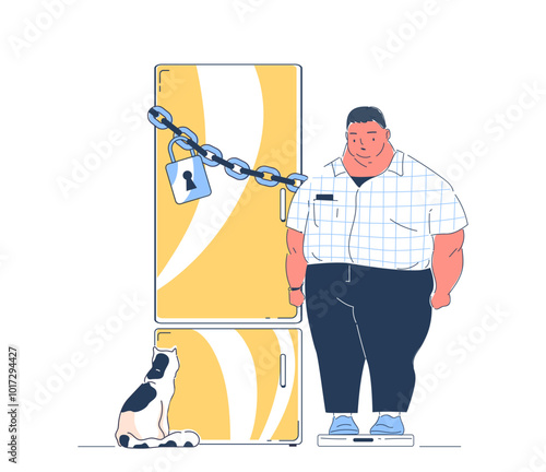 Fat man at closed frige. Young guy with obesity near refridgerator in chains. Negative feelings and emotions. Overweight person. Linear vector illustration isolated on white background