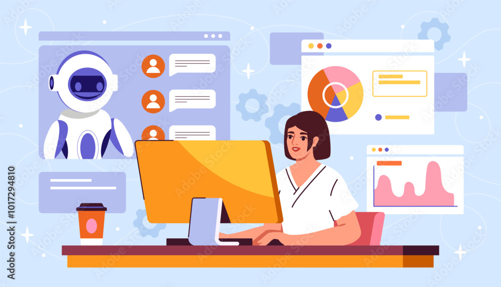 Woman with AI chat. Young girl at computer communicates with virtual assistant. Artificial intelligence and machine learning. Flat vector illustration isolated on blue background Woman with AI chat. Young girl at computer communicates with virtual assistant. Artificial intelligence and machine learning. Flat vector illustration isolated on blue background