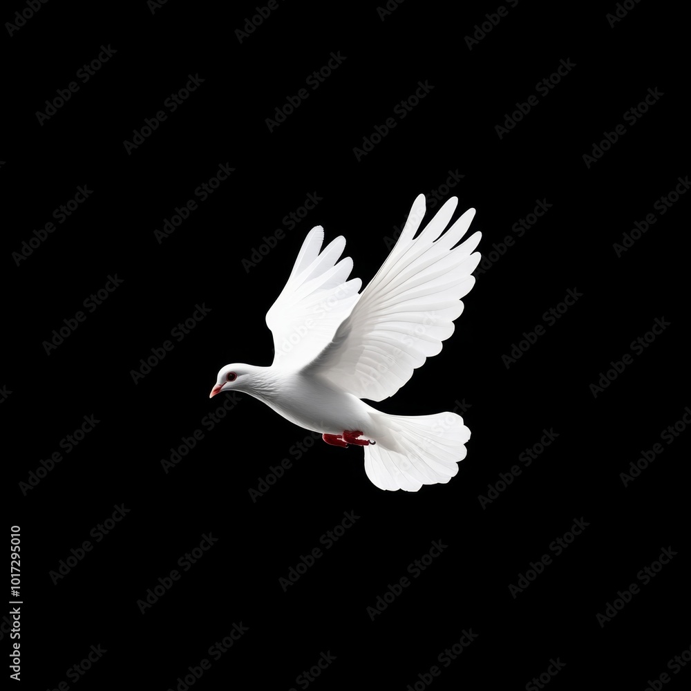 Fototapeta premium White Dove Flying in Black Background Symbol of Peace Freedom Hope