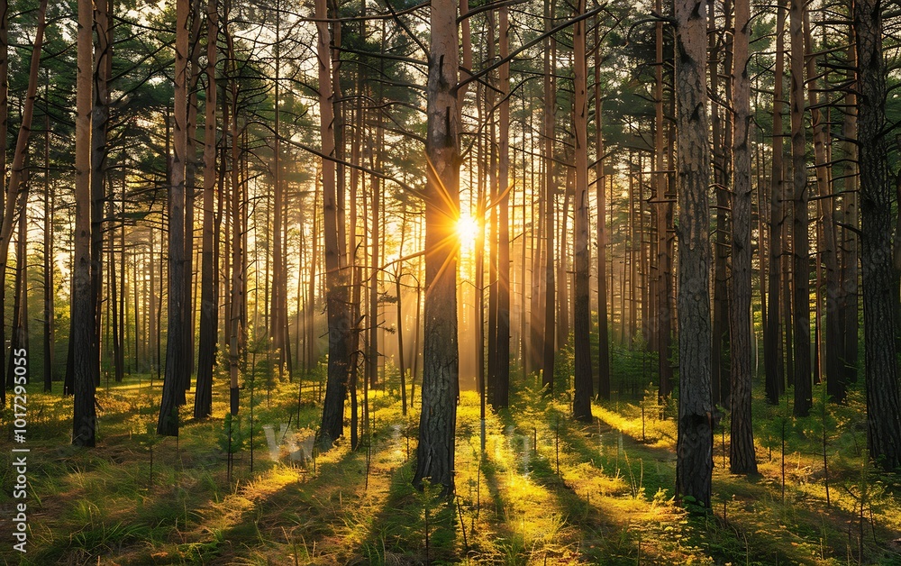 Fototapeta premium Sunset in the pine forest. Beautiful landscape. Nature composition.