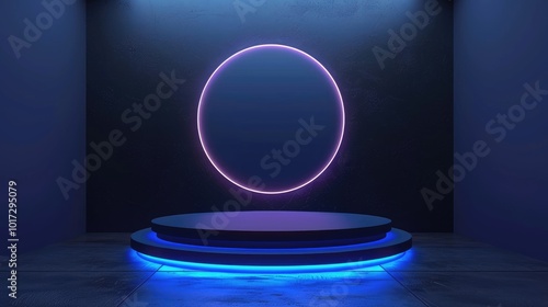 Circular Neon Light Above Platform in Dark Room