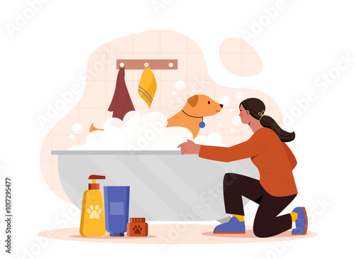 Woman washing dog. Young girl in bathroom washes puppy. Cleanliness and hygiene, routine. Domestic animal with pet groomer. Flat vector illustration isolated on white background