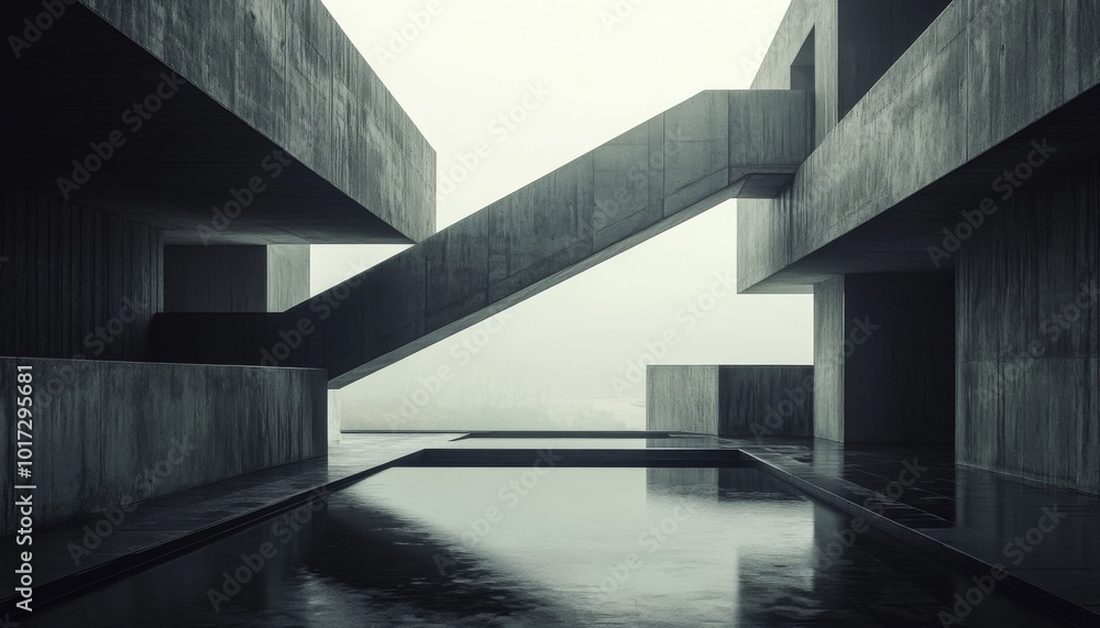 Obraz premium Minimalist concrete architecture with a reflecting pool and fog in the background.