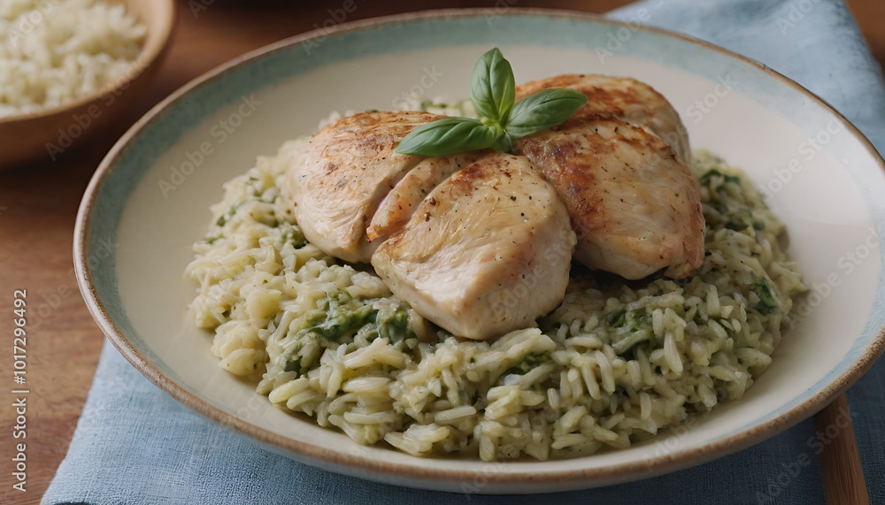 creamy pesto chicken and rice on a plate creamy pesto chicken and rice on a plate