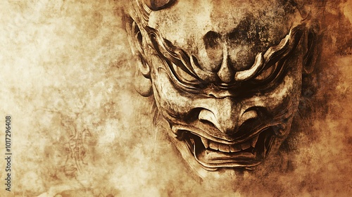 Ancient Japanese Demon Mask with Grunge Texture. photo