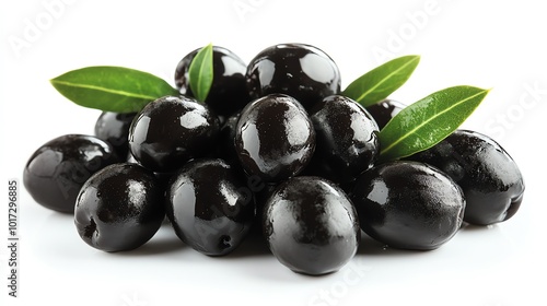 Black olives, isolated on a white background, glossy texture