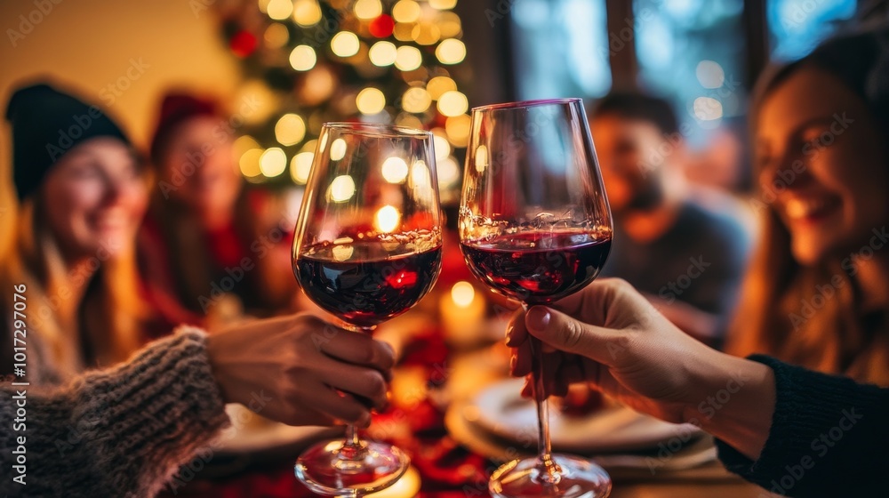 Celebrating Christmas with loved ones over a meal and non-alcoholic red wine