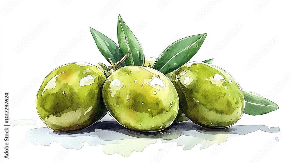 Obraz premium Fresh, green olives, isolated on a white background, vibrant and detailed