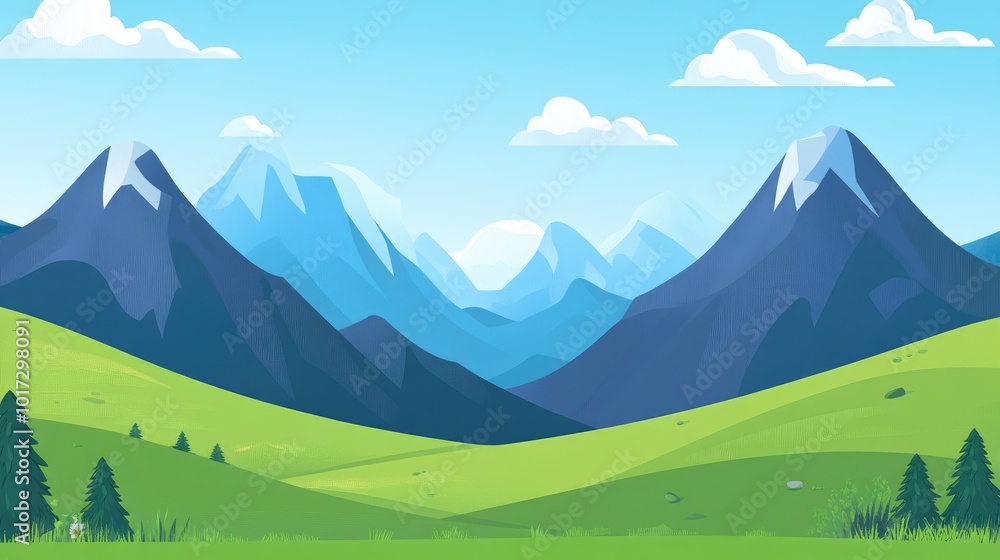 Obraz premium A Landscape of Mountain Peaks and Green Rolling Hills Under a Blue Sky with White Clouds