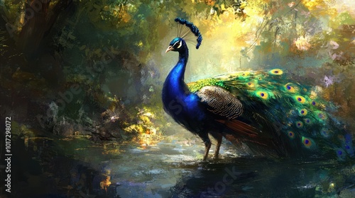 Peacock in a Dreamlike Forest