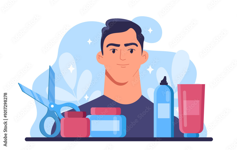 Man in barbershop. Young guy with scissors, creams and lotions. Person with fashionable and trendy haircut. Beauty, aesthetics and elegance. Flat vector illustration isolated on white background Man in barbershop. Young guy with scissors, creams and lotions. Person with fashionable and trendy haircut. Beauty, aesthetics and elegance. Flat vector illustration isolated on white background