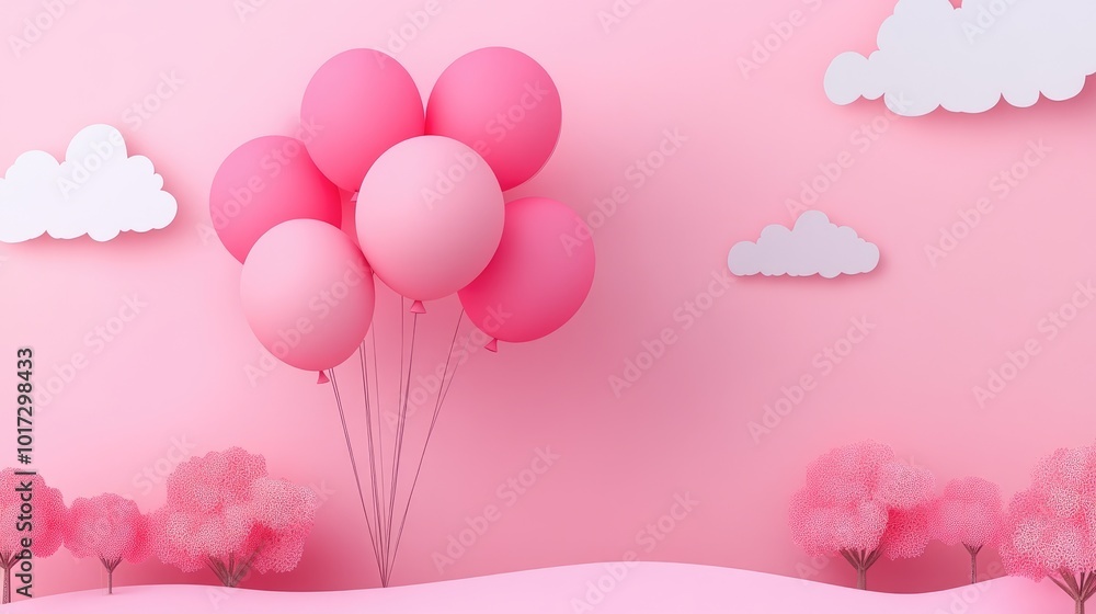Pink Balloons and Clouds in a 3D Rendered Scene Pink Balloons and Clouds in a 3D Rendered Scene
